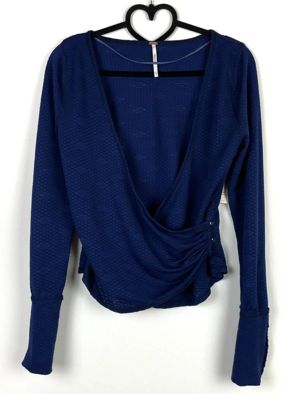 Free People Blue Textured Plunge Neck Wrap Long Sleeve Top Size M